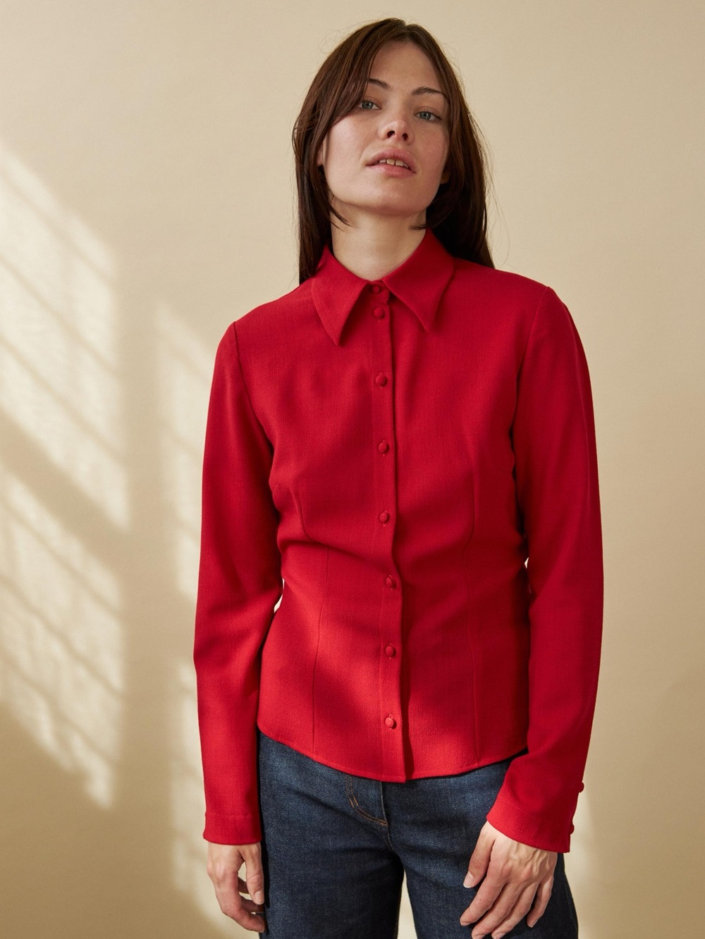 Penny Sage New Zealand Wms Red Ursula Wool Crepe Tailored Button Down Shirt 10